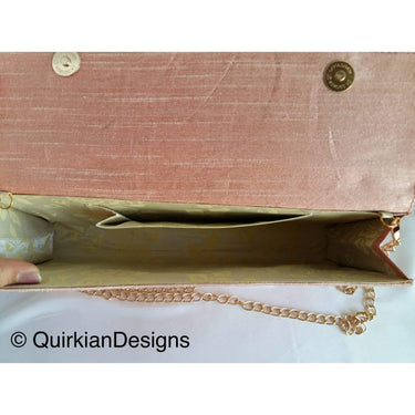 Coral Pink Fabric Clutch Purse With Pink And Gold Intricate Floral Embroidery, Wedding Clutch, Party Bag